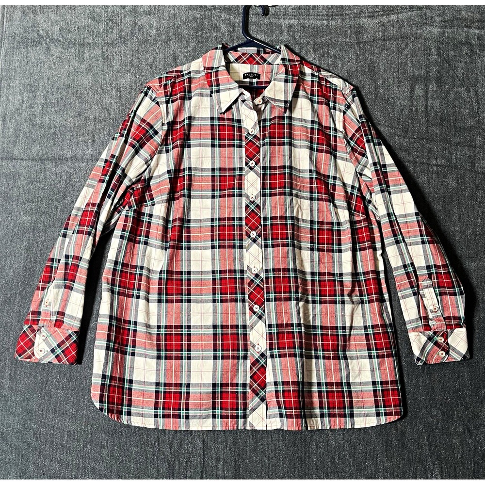 Talbots Womens Plus 2X Red White Navy Green Plaid Button-Up Long Sleeve Shirt